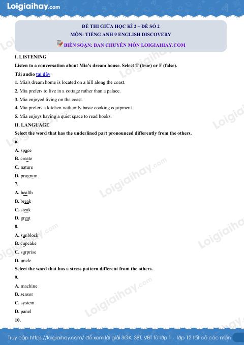 Đề thi giữa kì 2 Tiếng Anh 9 English Discovery - Đề số 2